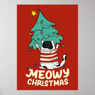 Funny Meowy Weihnachten Grumpy Tuxedo Cat Xmas Tre Poster