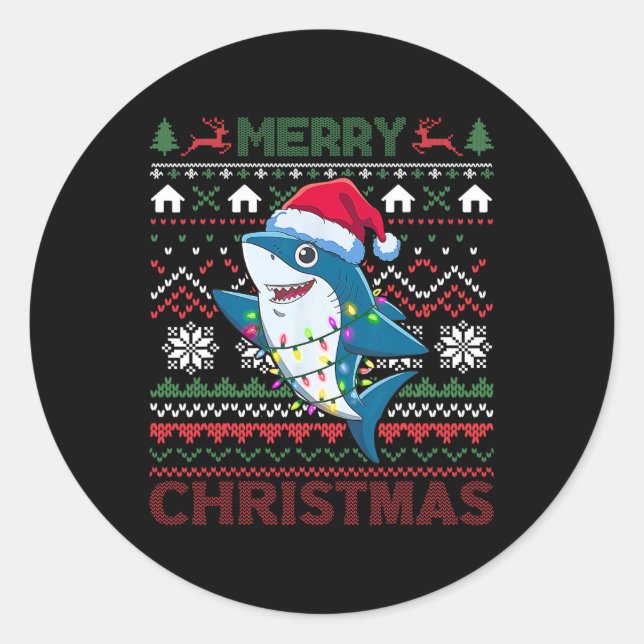 Funny Merguly Ugly Christmas Shark Weihnachtsmannm Runder Aufkleber (Vorderseite)