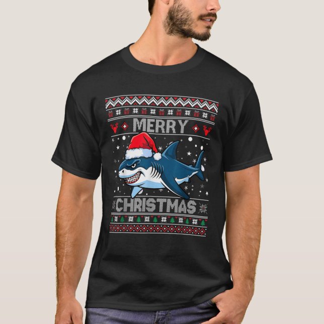 Funny Merguly Ugly Christmas Shark Weihnachtsmannm T-Shirt (Vorderseite)