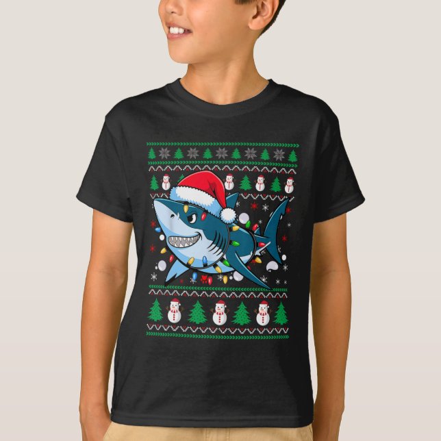 Funny Merguly Ugly Christmas Shark Weihnachtsmannm T-Shirt (Vorderseite)