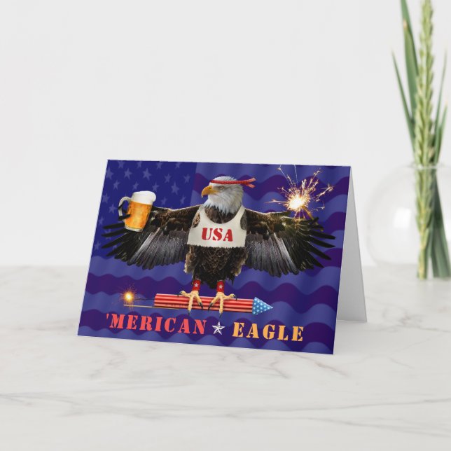 Funny Merican Eagle 4. Juli Bier und Feuerwerk Karte (Vorderseite)