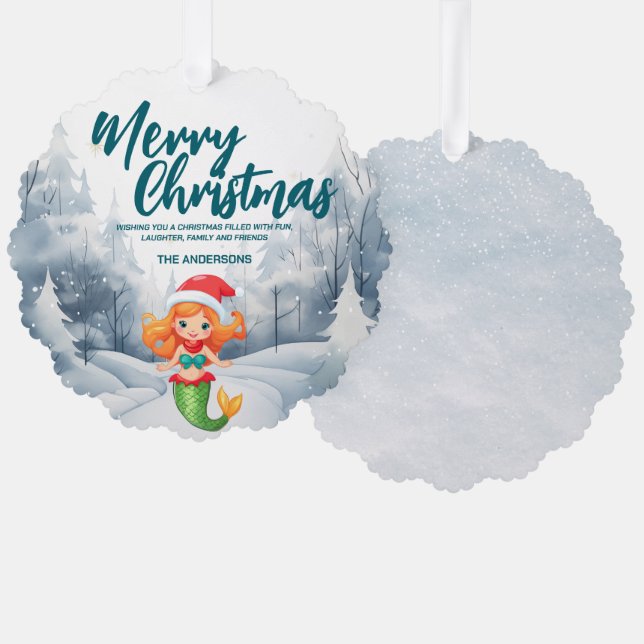 Funny Mermaid Merry Xmas Baum Schnee Feier Ornament Karte (Vorderseite/Rückseite)