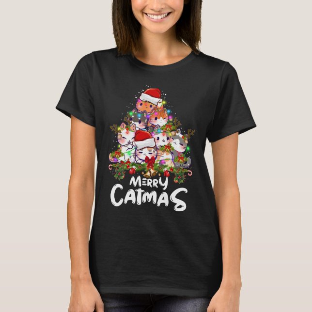 Funny Merry Catmas Baum Lichter Weihnachtsgeschenk T-Shirt (Vorderseite)