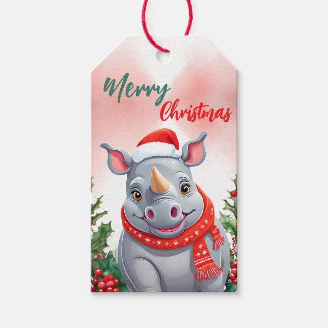 Funny Merry Christmas Wreath Niedlich Rhino santa Geschenkanhänger (Vorderseite)