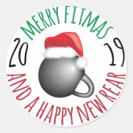 Funny Merry Fitmas und Happy New Rear 2019 Runder Aufkleber