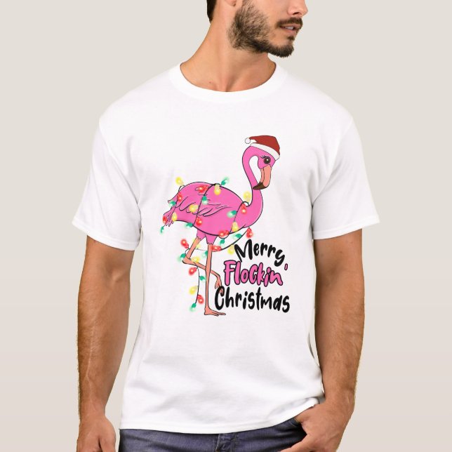 Funny Merry Flockin Christmas Flamingo T-Shirt (Vorderseite)
