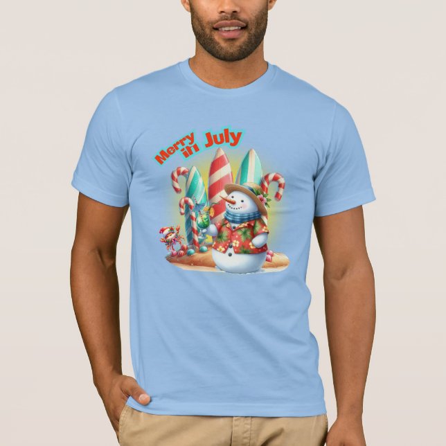 Funny Merry in July Snowman Surfboards on Beach  T-Shirt (Vorderseite)