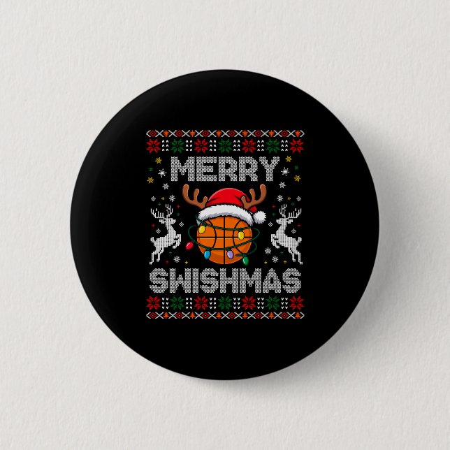 Funny Merry Swishmas Basketball Christmas Reindeer Button (Vorderseite)