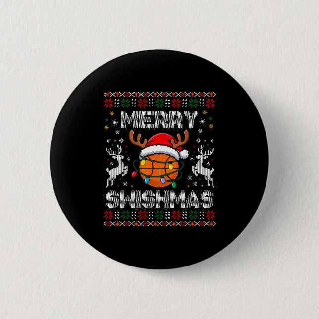 Funny Merry Swishmas Basketball Christmas Reindeer Button (Vorderseite)