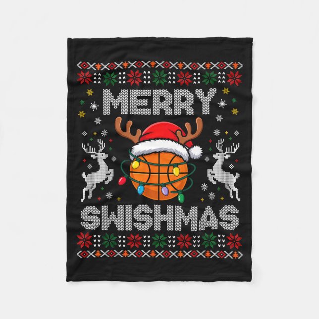Funny Merry Swishmas Basketball Christmas Reindeer Fleecedecke (Vorderseite)