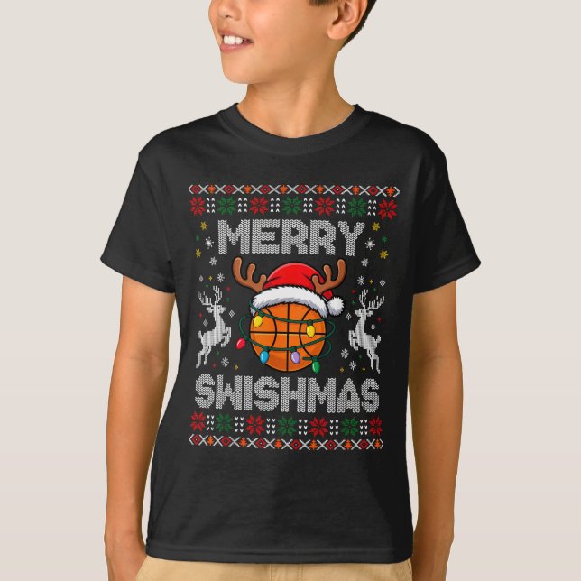 Funny Merry Swishmas Basketball Christmas Reindeer T-Shirt (Vorderseite)