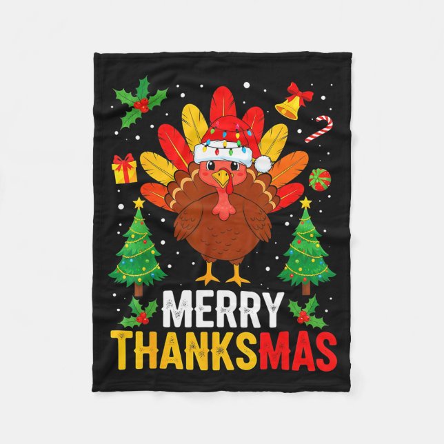 Funny Merry Thanksmas Happy Thanksgiving Santa Tur Fleecedecke (Vorderseite)
