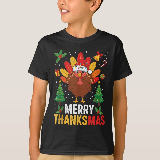 Funny Merry Thanksmas Happy Thanksgiving Santa Tur T-Shirt (Vorderseite)