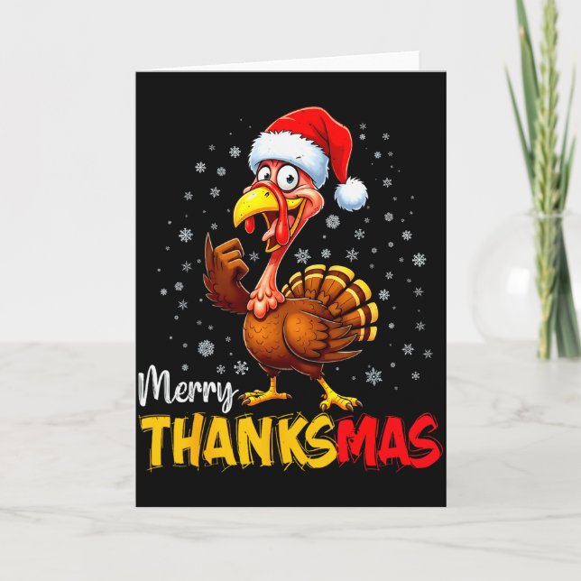 Funny Merry Thanksmas Turkey Santa Hat Thanksgivin Karte (Vorderseite)