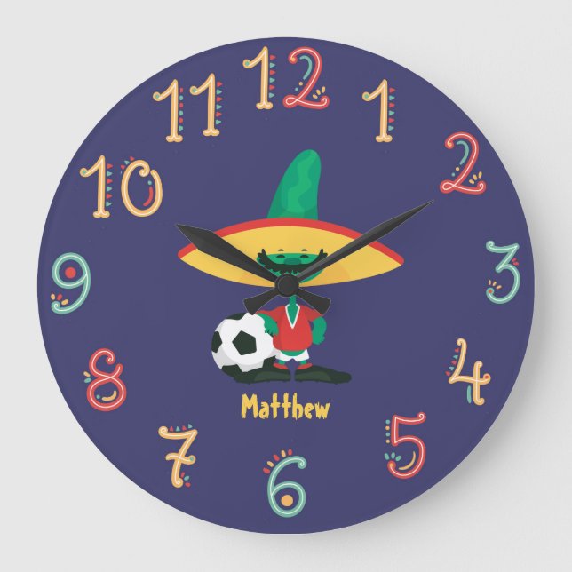 Funny Mexican Football Boys Soccer Wall Clock Große Wanduhr (Vorderseite)