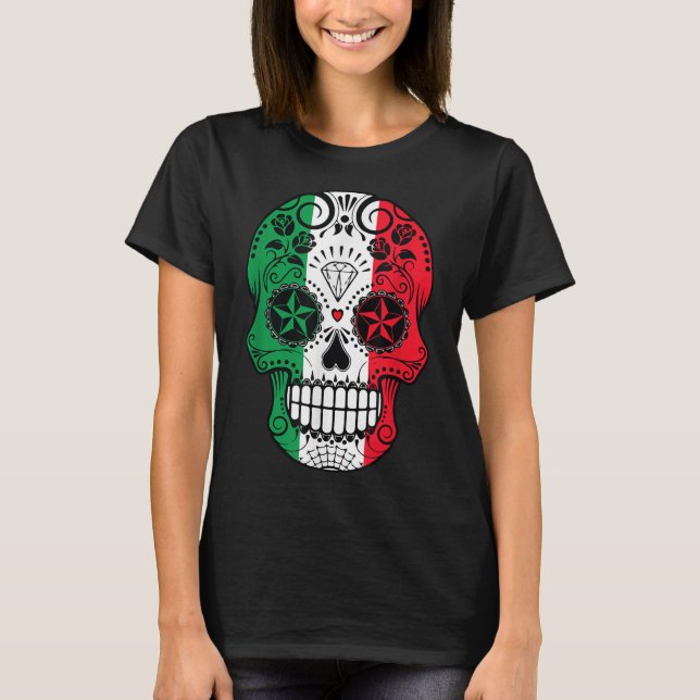 Funny mexikanischen Schädelkopf Cinco De Mayo Flag T-Shirt (Vorderseite)