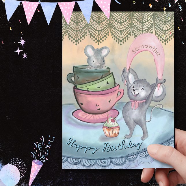 Funny Mice Teacup Personalisiert Geburtstagskarte Feiertagskarte (Funny Mice in Teacup Persnalized Birthday Card)