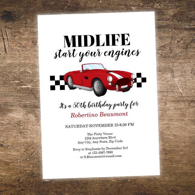 Funny Midlife Vintage Red Car 50th Birthday  Einladung (Von Creator hochgeladen)