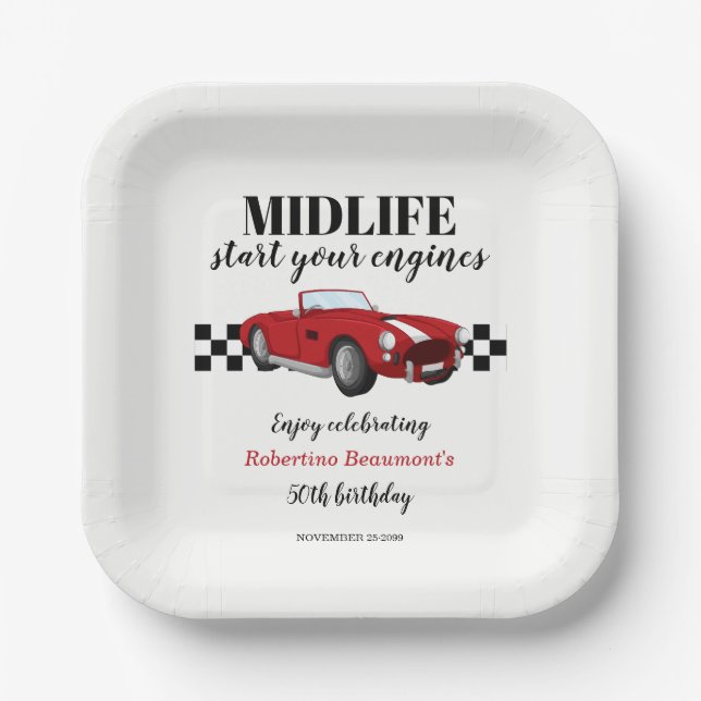 Funny Midlife Vintage Red Car 50th Birthday  Pappteller (Vorderseite)