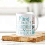 Funny Mimi Grandchildren Kaffeetasse<br><div class="desc">Diese niedliche und lustige Mimi-Tasse ist ein Geschenk für eine Großmutter, die es hasst, Großmutter genannt zu werden. In einer Collage von fünf Fotos ihrer Enkel zeigt sie das Sprichwort "Mimi - denn Großmutter ist für alte Damen". Personalisieren Sie mit einer individuellen Nachricht, den Enkelnamen und/oder dem Jahr auf einem...</div>