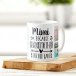 Funny Mimi Grandchildren Kaffeetasse<br><div class="desc">Diese niedliche und lustige Mimi-Tasse ist ein Geschenk für eine Großmutter, die es hasst, Großmutter genannt zu werden. In einer Collage von fünf Fotos ihrer Enkel zeigt sie das Sprichwort "Mimi - denn Großmutter ist für alte Damen". Personalisieren Sie mit einer individuellen Nachricht, den Enkelnamen und/oder dem Jahr auf einem...</div>