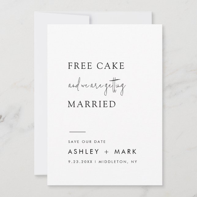 Funny Minimalistisch Script Free Cake Wedding Save The Date (Vorderseite)