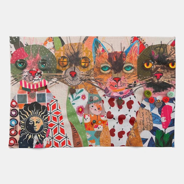 Funny Mixed Media Paper Cat Kitchen Towel Geschirrtuch (Horizontal)