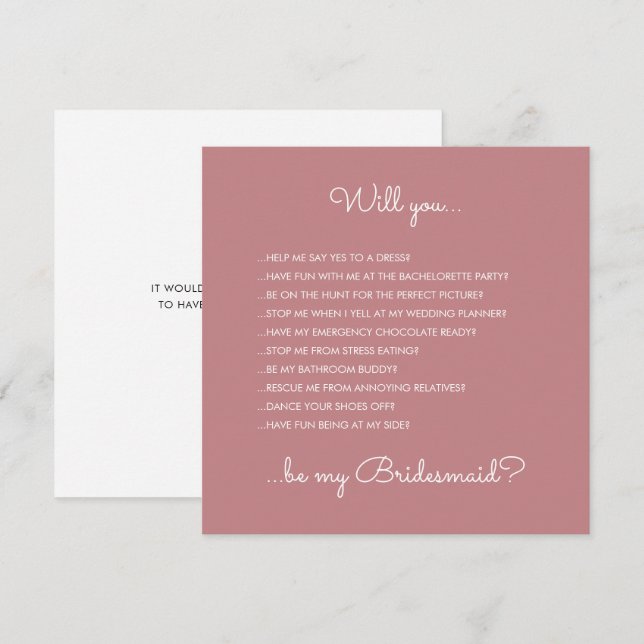 Funny Modern Dusty Rose Script Bridesmaid Vorschla Einladung (Vorne/Hinten)