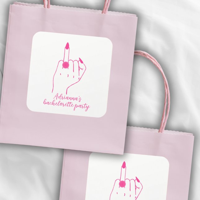 Funny Modern Pink Bachelorette Bride Ring Finger F Quadratischer Aufkleber (funny modern ring finger bachelorette party pink )