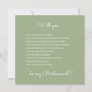 Funny Modern Sage Green Script Bridesmaid Vorschla Einladung