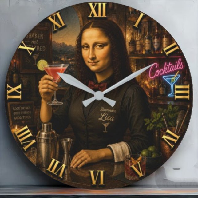 Funny Mona Lisa Bartender Cocktail Bar Decor Große Wanduhr (Von Creator hochgeladen)