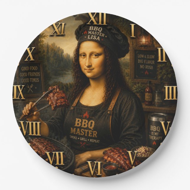Funny Mona Lisa BBQ Master Barbecue Grill Decor Pappteller (Vorderseite)
