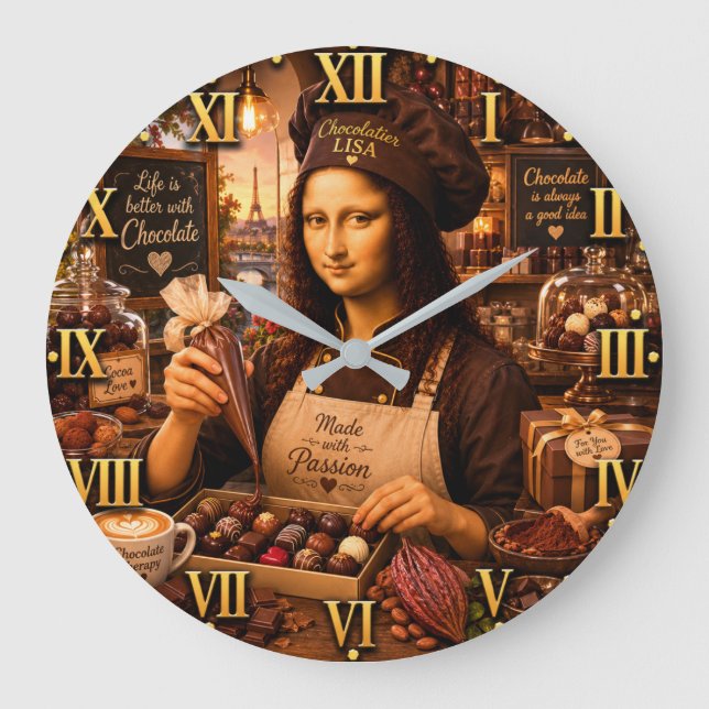 Funny Mona Lisa Chocolatier Gourmet Candy Maker  Große Wanduhr (Vorderseite)