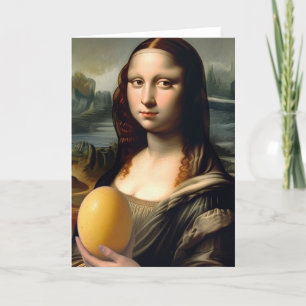 Funny Mona Lisa hält ein Eigelb Karte