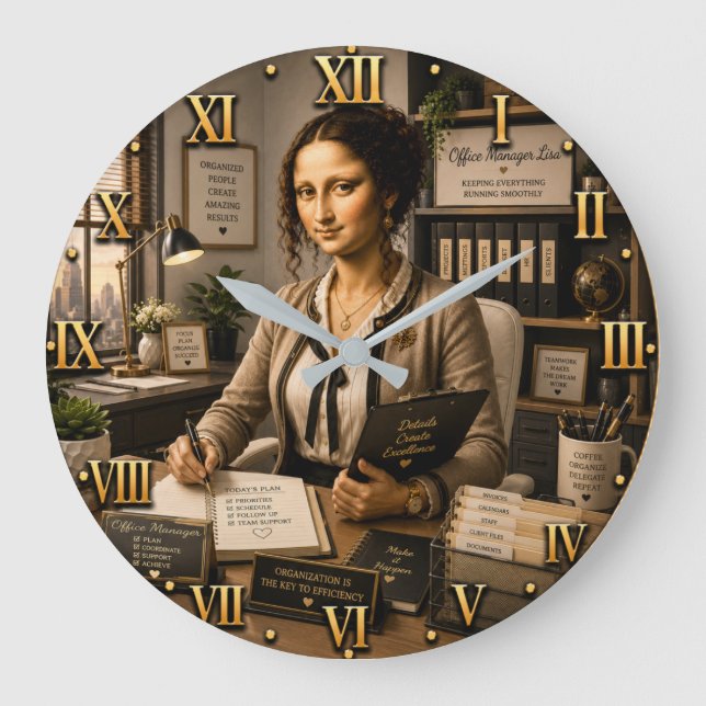 Funny Mona Lisa Office Manager Office Organization Große Wanduhr (Vorderseite)
