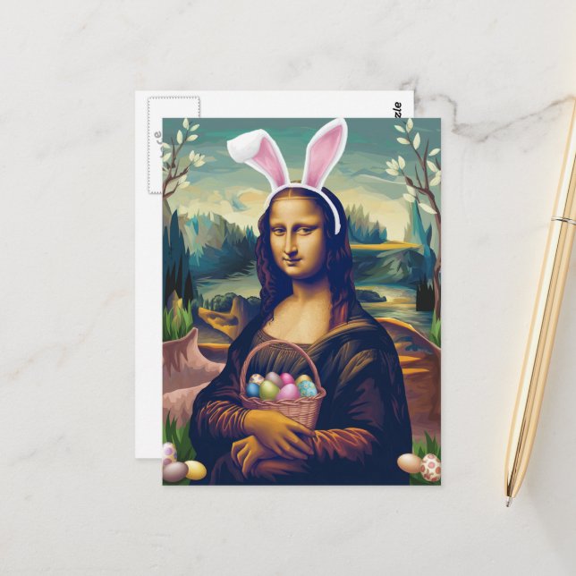 Funny Mona Lisa Osterhase Bunny Postkarte (Vorderseite/Rückseite Beispiel)