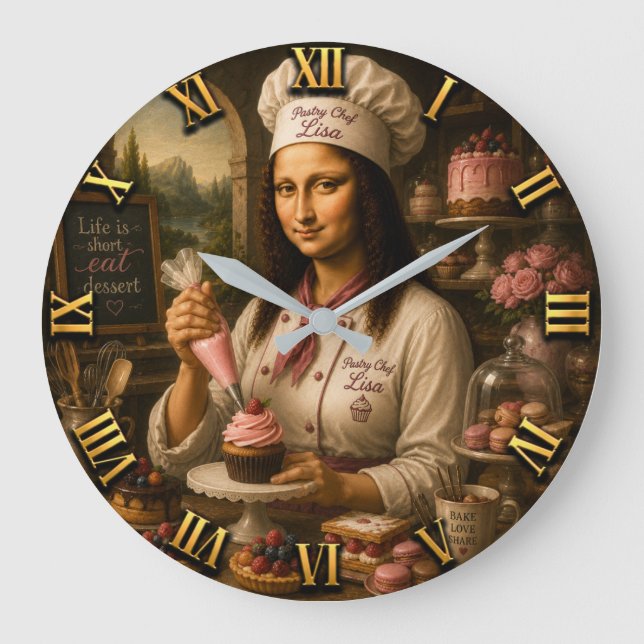 Funny Mona Lisa Pastry Chef Bakery Kitchen Decor Große Wanduhr (Vorderseite)