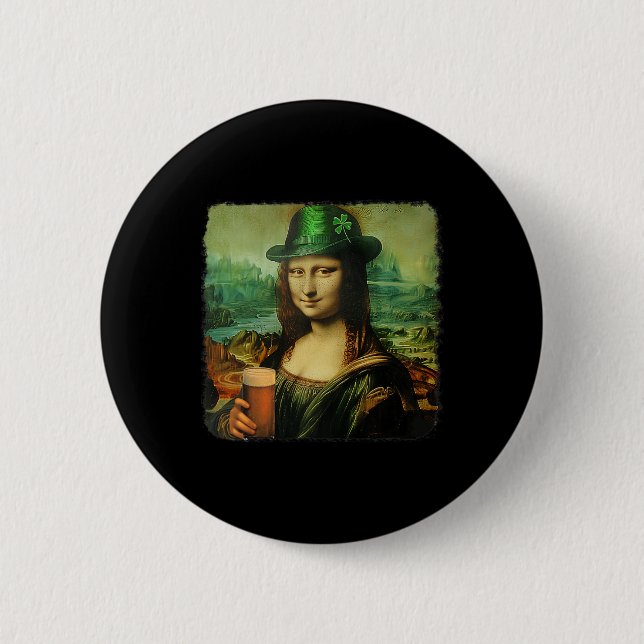 Funny Mona Lisa St. Patricks Day Kleeblatt Hat Lep Button (Vorderseite)