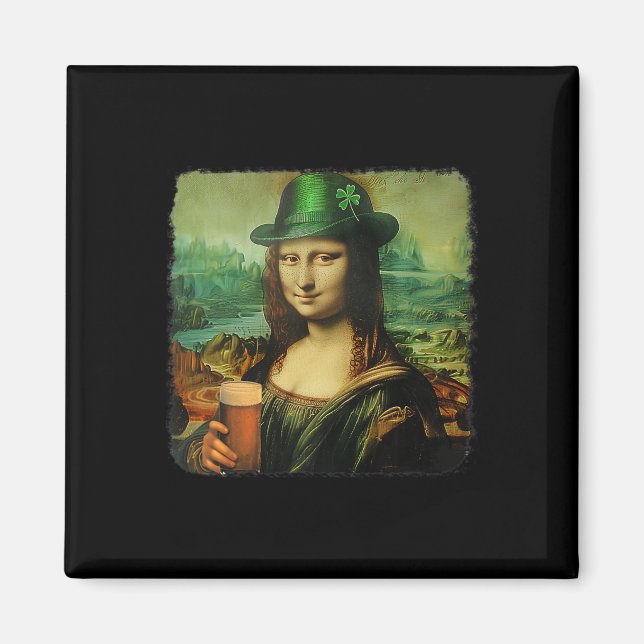 Funny Mona Lisa St. Patricks Day Kleeblatt Hat Lep Magnet (Vorne)