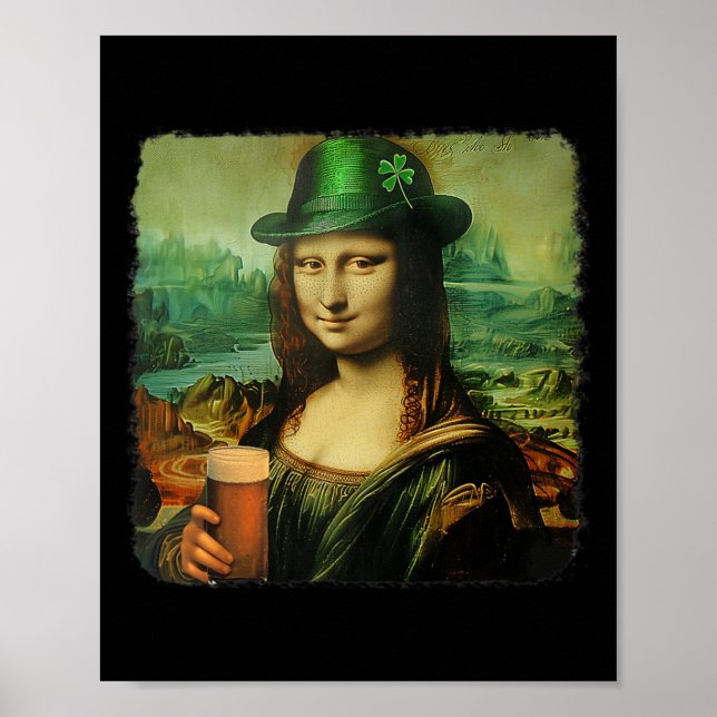 Funny Mona Lisa St. Patricks Day Kleeblatt Hat Lep Poster (Vorne)