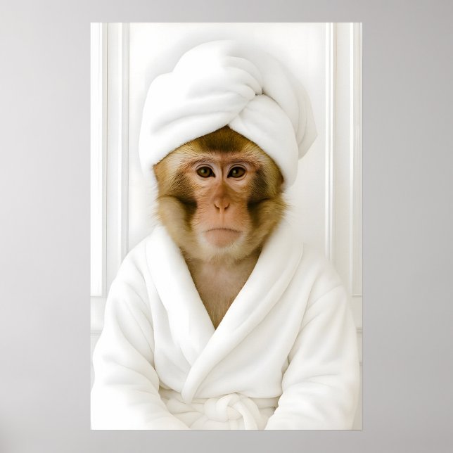 Funny Monkey Bathroom Print, Monkey In Bathrobe Poster (Vorne)