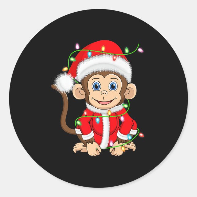 Funny Monkey Christmas Lights Santa Costume Cute A Runder Aufkleber (Vorderseite)