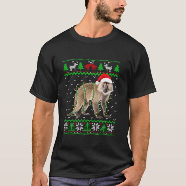 Funny Monkey Lights Ugly Sweater Weihnachtsbaum An T-Shirt (Vorderseite)