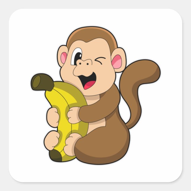 Funny Monkey mit Banana Quadratischer Aufkleber (Vorderseite)