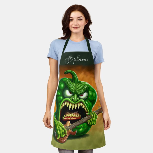 Funny Monster Green Bell Pepper Rocker Gitarre Schürze (Getragen)