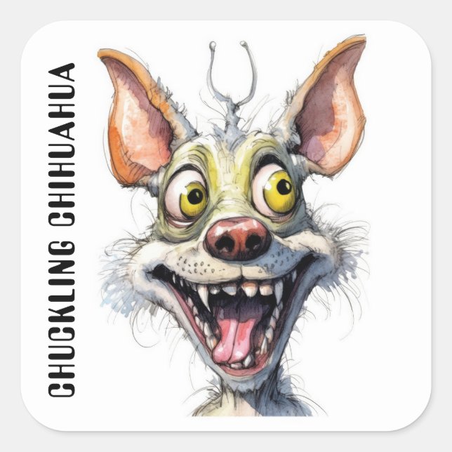 Funny Monster Hund: Chuckling Chihuahua Quadratischer Aufkleber (Vorderseite)