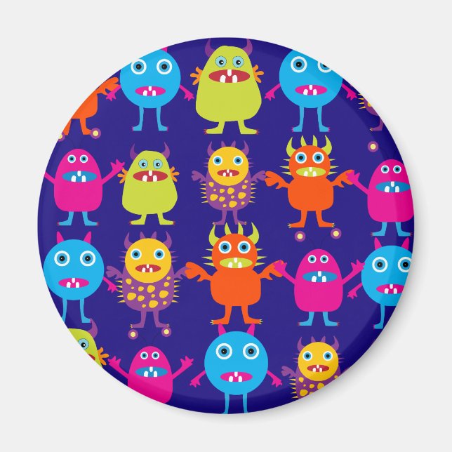 Funny Monster Party Niedliche Kreaturen auf blau Magnet (Vorne)