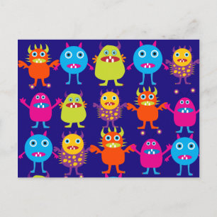 Funny Monster Party Niedliche Kreaturen auf blau Postkarte