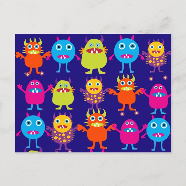 Funny Monster Party Niedliche Kreaturen auf blau Postkarte (Vorderseite)
