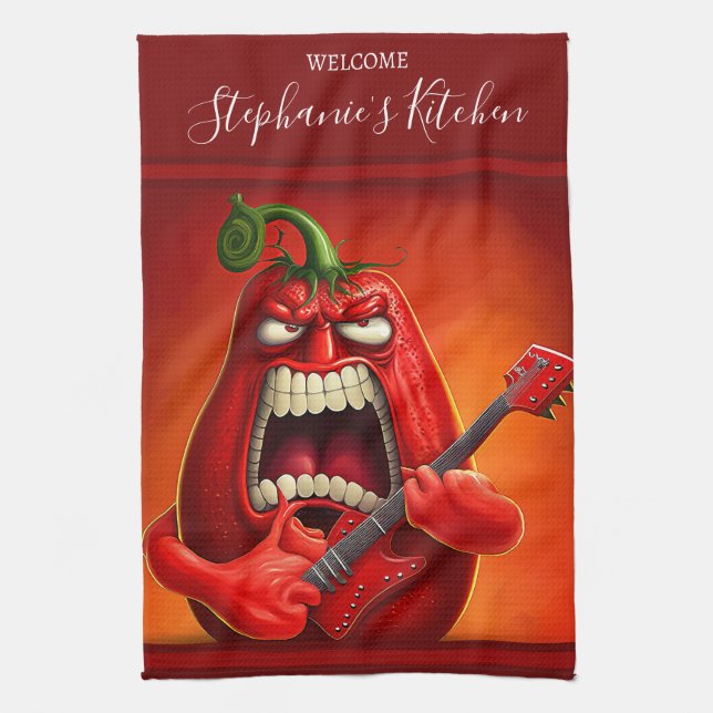 Funny Monster Red Bell Pepper Rocker Gitarre Geschirrtuch (Vertikal)
